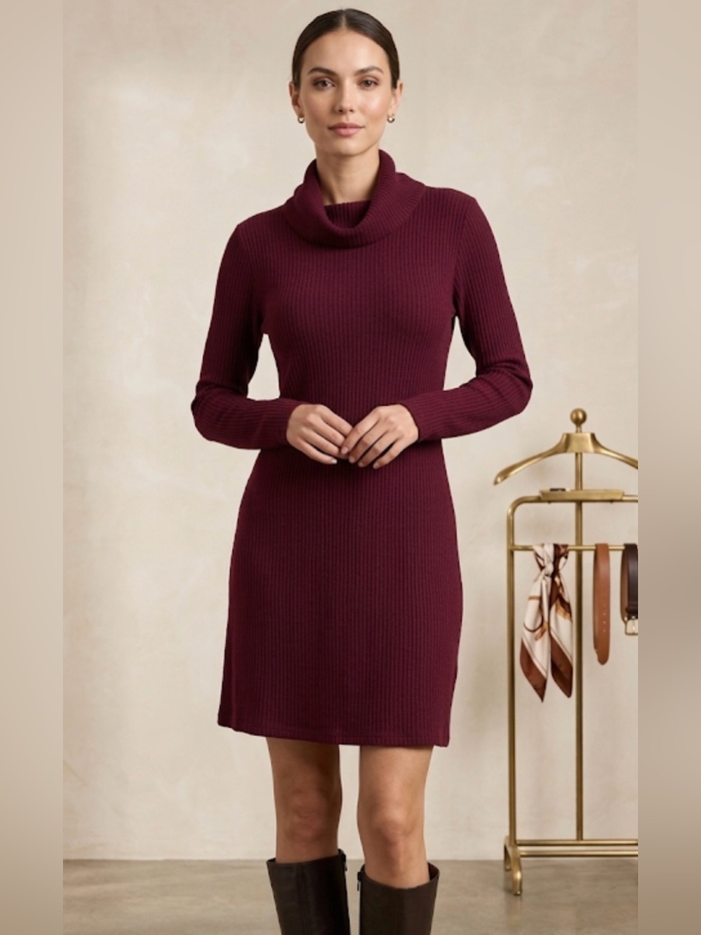 Lush Burgundy Ribbed Cowl Neck Long Sleeve Dress•Size Large
